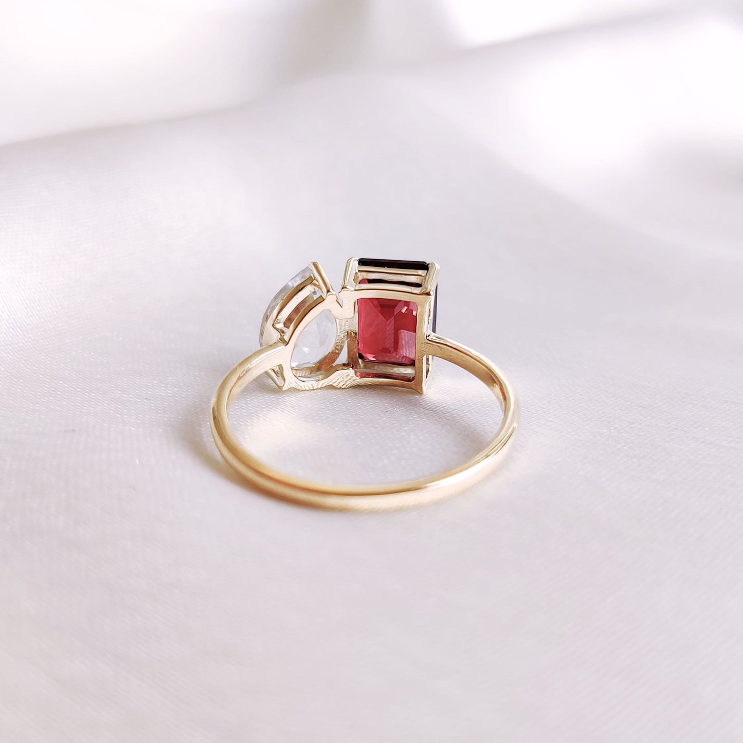 Natural Garnet & White Topaz Ring, 14K Solid Yellow Gold Ring, Emerald Cut Ring, January April Birthstone, Multi Stone Engagement Ring