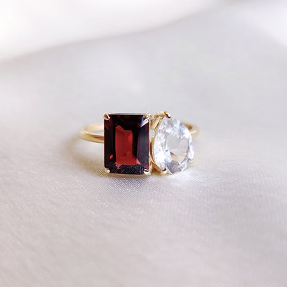 Natural Garnet & White Topaz Ring, 14K Solid Yellow Gold Ring, Emerald Cut Ring, January April Birthstone, Multi Stone Engagement Ring