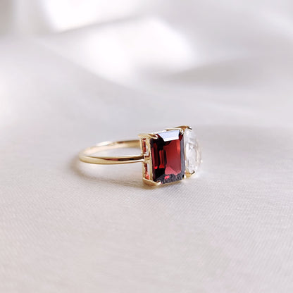 Natural Garnet & White Topaz Ring, 14K Solid Yellow Gold Ring, Emerald Cut Ring, January April Birthstone, Multi Stone Engagement Ring