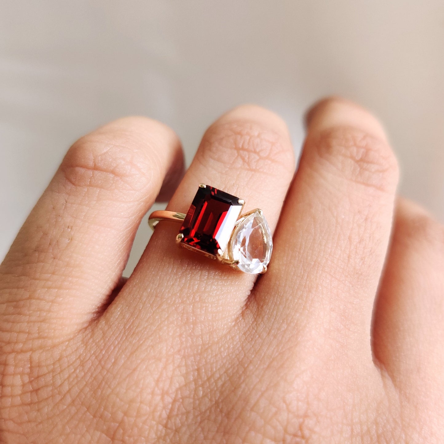 Natural Garnet & White Topaz Ring, 14K Solid Yellow Gold Ring, Emerald Cut Ring, January April Birthstone, Multi Stone Engagement Ring