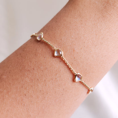 Natural Rainbow Moonstone Heart Bracelet, 14K Solid Yellow Gold Bracelet, Dainty Moonstone Bezel Bracelet, June Birthstone Bracelet