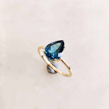 Natural London Blue Topaz Ring, 14K Solid Yellow Gold Topaz Ring, Blue Topaz Engagement Ring, November Birthstone Ring, Pear Cut Topaz Ring