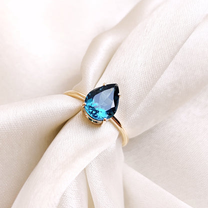 Natural London Blue Topaz Ring, 14K Solid Yellow Gold Topaz Ring, Blue Topaz Engagement Ring, November Birthstone Ring, Pear Cut Topaz Ring