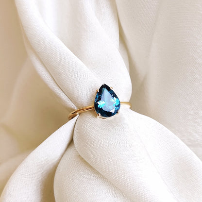 Natural London Blue Topaz Ring, 14K Solid Yellow Gold Topaz Ring, Blue Topaz Engagement Ring, November Birthstone Ring, Pear Cut Topaz Ring