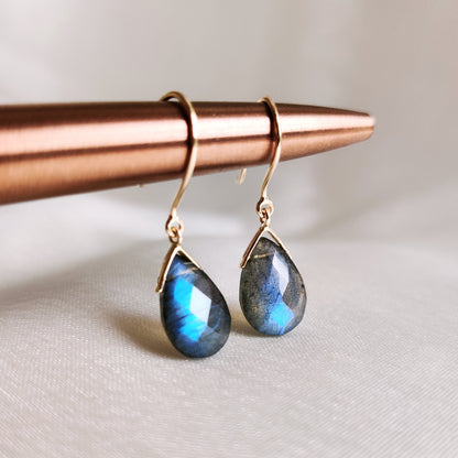 Natural Labradorite Earrings, 14K Solid Yellow Gold Earrings, August Birthstone Earrings, Labradorite Drop Earrings, Christmas Present