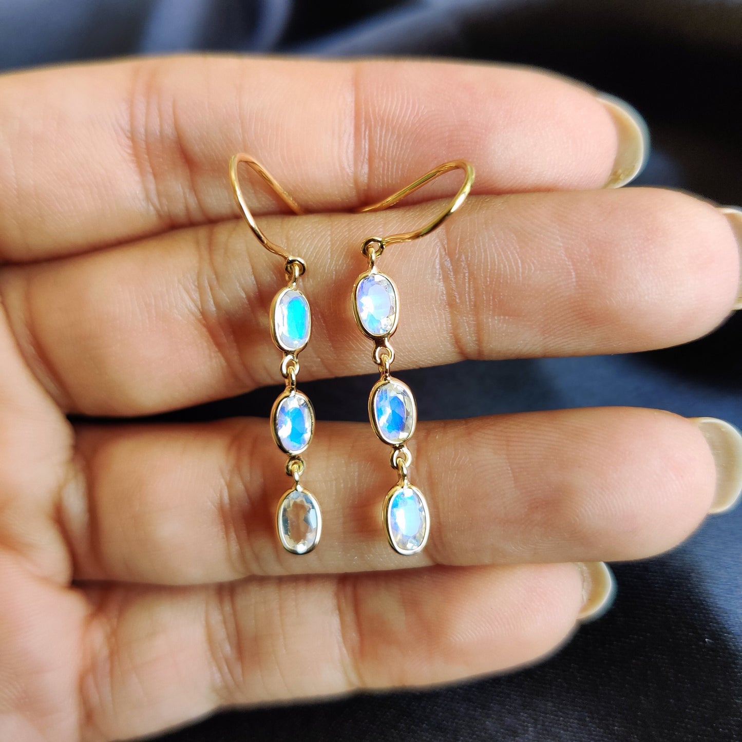 Natural Rainbow Moonstone Earrings, Solid Gold Earrings, Blue Moonstone Danglers, June Birthstone Earrings, Dainty Moonstone Earrings