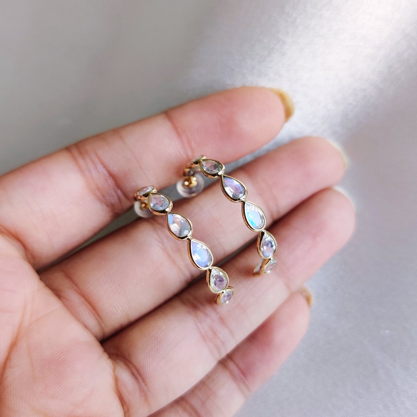 Natural Rainbow Moonstone Hoop Earrings, Solid Yellow Gold Moonstone Earrings, June Birthstone, Dainty Moonstone Earrings, Birthday Present