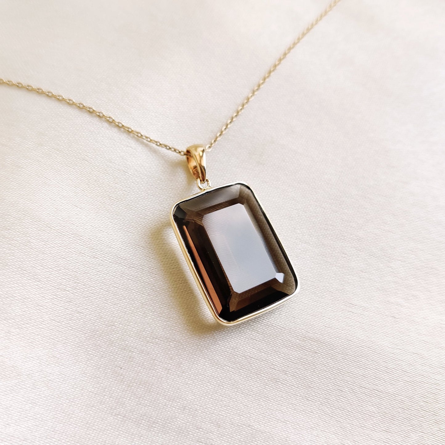 Natural Smoky Quartz Pendant, 14K Solid Yellow Gold Smoky Quartz Pendant, Emerald Cut Octagon Pendant, June Birthstone, Christmas Gift