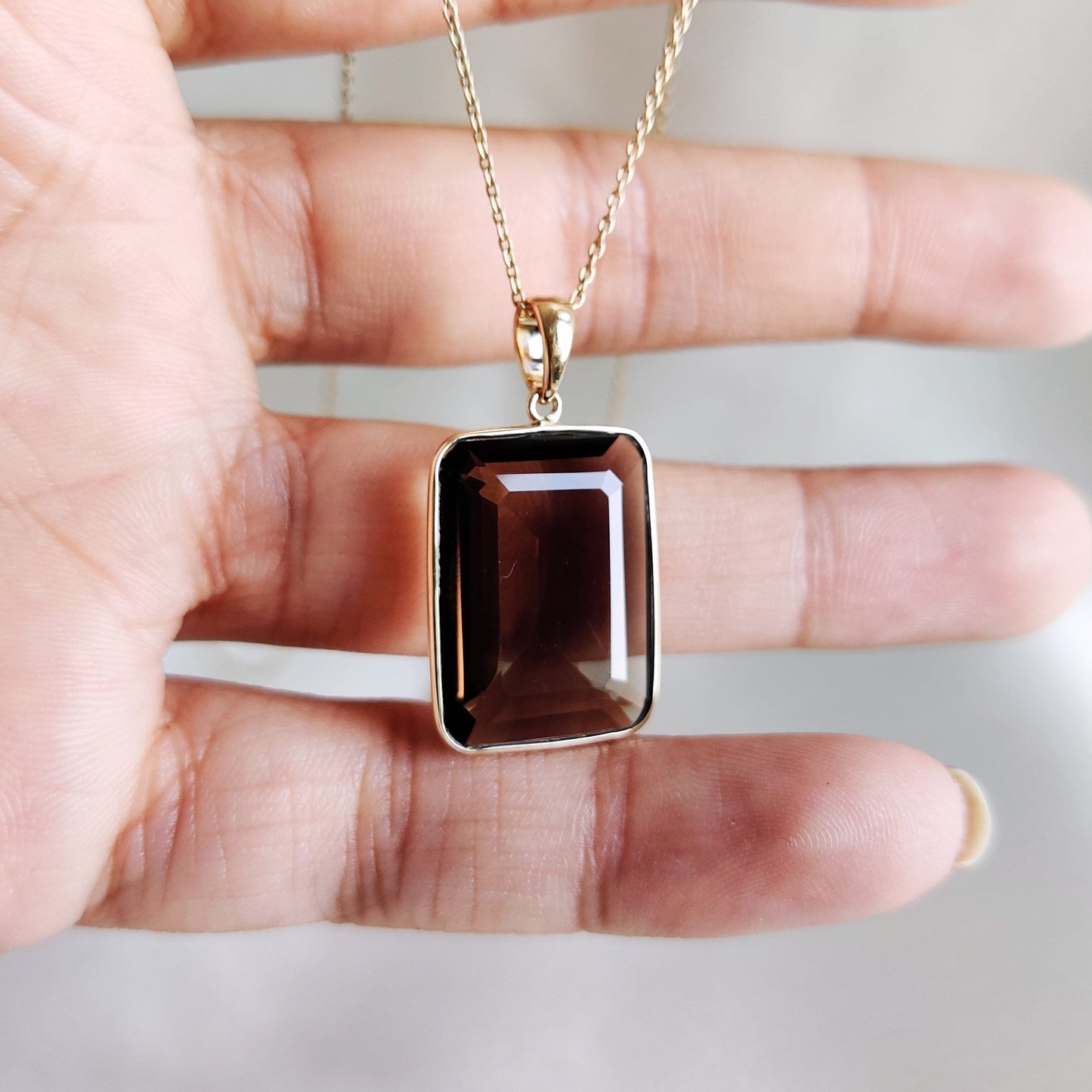 Natural Smoky Quartz Pendant, 14K Solid Yellow Gold Smoky Quartz Pendant, Emerald Cut Octagon Pendant, June Birthstone, Christmas Gift