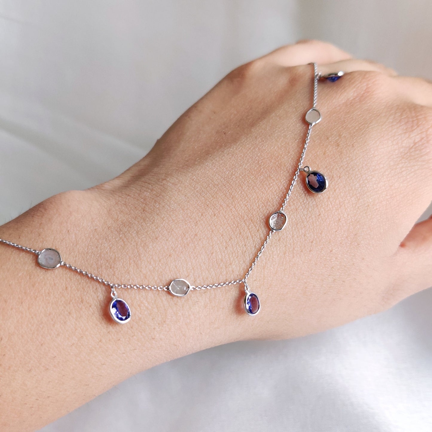 Natural Tanzanite & Diamond Polki Bracelet, 14K Solid White Gold Bracelet, Dainty Tanzanite Bracelet, Natural Diamond Slice Bracelet