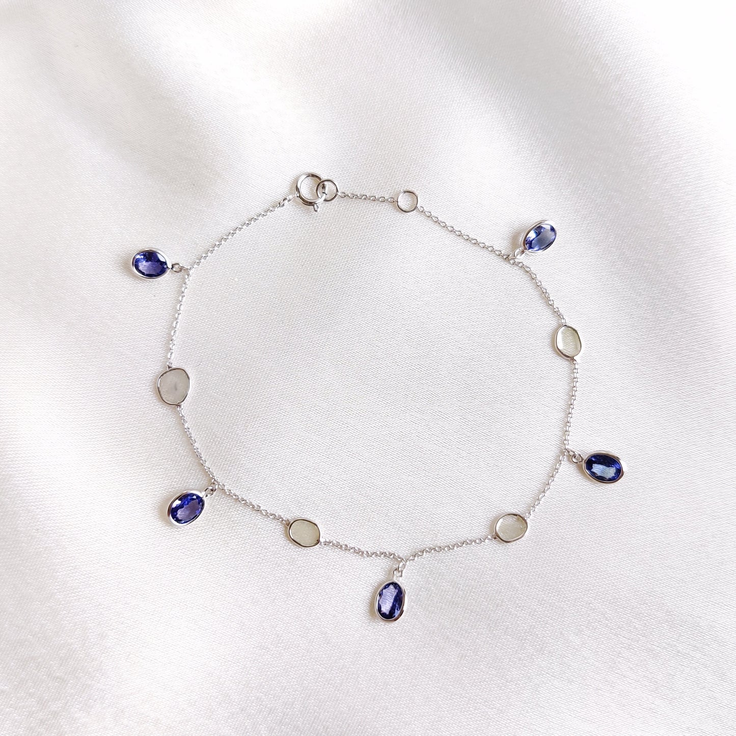 Natural Tanzanite & Diamond Polki Bracelet, 14K Solid White Gold Bracelet, Dainty Tanzanite Bracelet, Natural Diamond Slice Bracelet