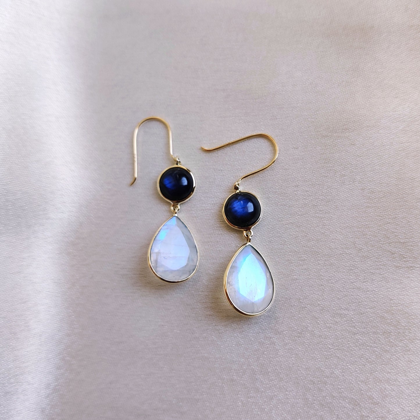 Natural Labradorite & Moonstone Earrings, 14K Solid Yellow Gold Earrings, Blue Labradorite, Rainbow Moonstone Jewelry, November Birthstone