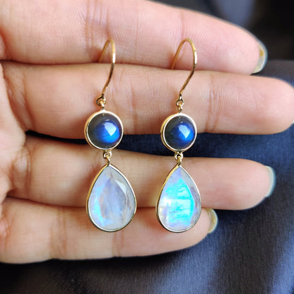 Natural Labradorite & Moonstone Earrings, 14K Solid Yellow Gold Earrings, Blue Labradorite, Rainbow Moonstone Jewelry, November Birthstone