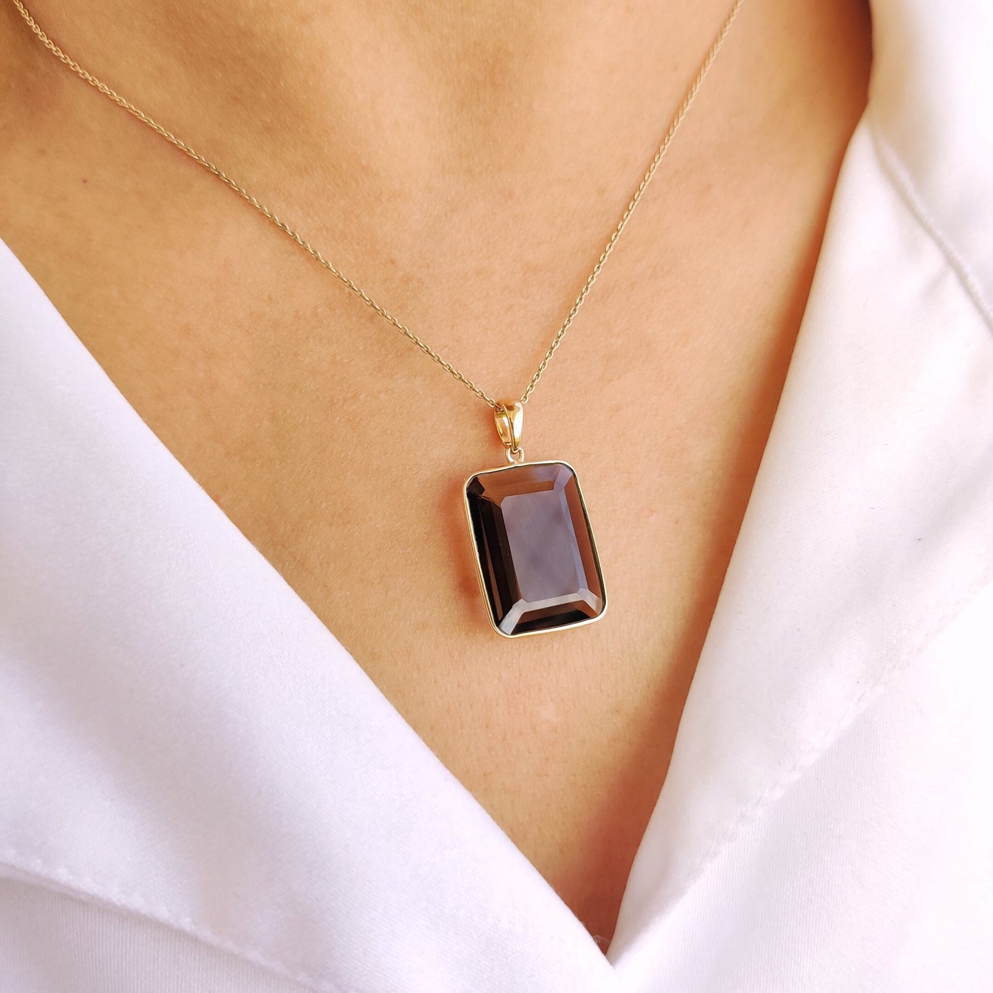 Natural Smoky Quartz Pendant, 14K Solid Yellow Gold Smoky Quartz Pendant, Emerald Cut Octagon Pendant, June Birthstone, Christmas Gift