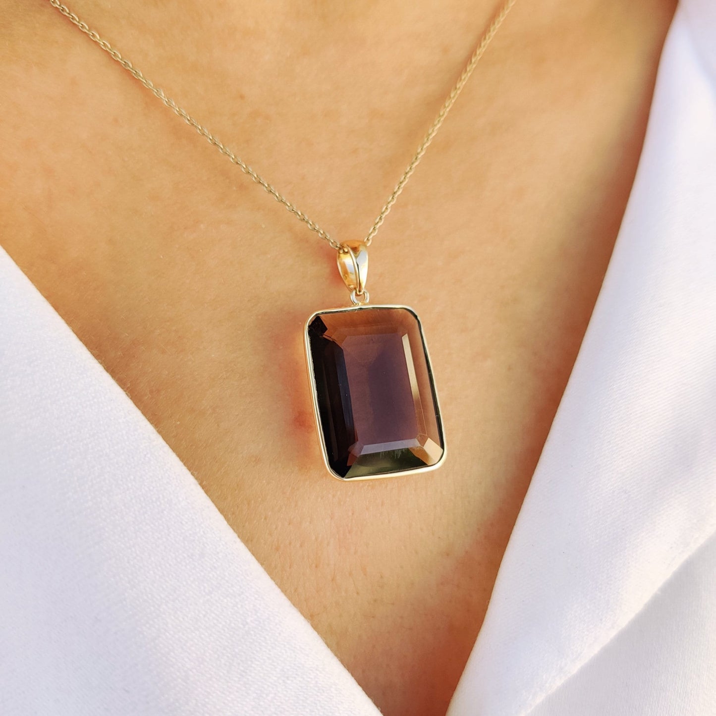 Natural Smoky Quartz Pendant, 14K Solid Yellow Gold Smoky Quartz Pendant, Emerald Cut Octagon Pendant, June Birthstone, Christmas Gift