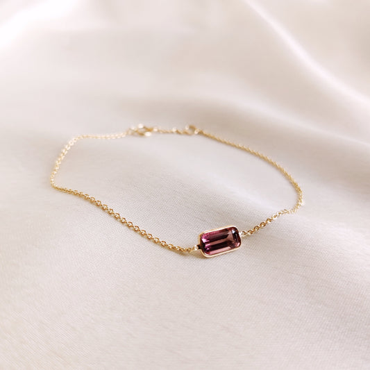 Natural Pink Tourmaline Bracelet, 14K Solid Gold Multi Tourmaline Bracelet, Dainty Tourmaline Baguette Bracelet, October Birthstone