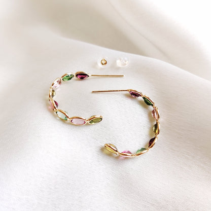 Natural Tourmaline Hoop Earrings, Solid Yellow Gold Multi Tourmaline Earrings, October Birthstone, Dainty Tourmaline Earrings,Gemstone Hoops