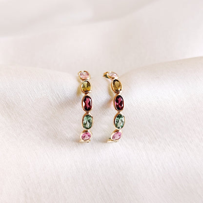 Natural Tourmaline Hoop Earrings, Solid Yellow Gold Multi Tourmaline Earrings, October Birthstone, Dainty Tourmaline Earrings,Gemstone Hoops