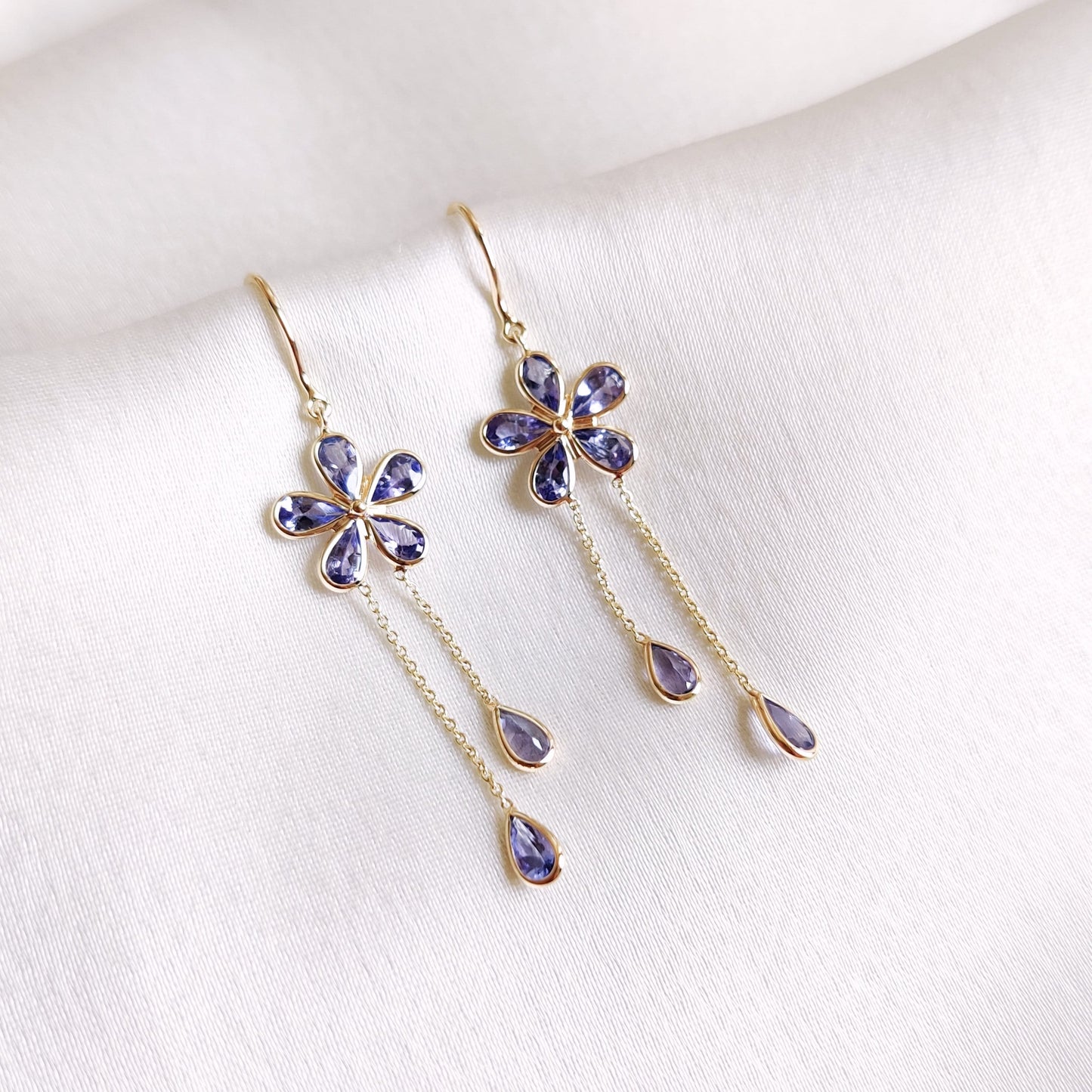 14K Gold Natural Tanzanite Earrings, Solid Gold Tanzanite Earrings, Dainty Tanzanite Flower Danglers, December Birthstone, Christmas Present