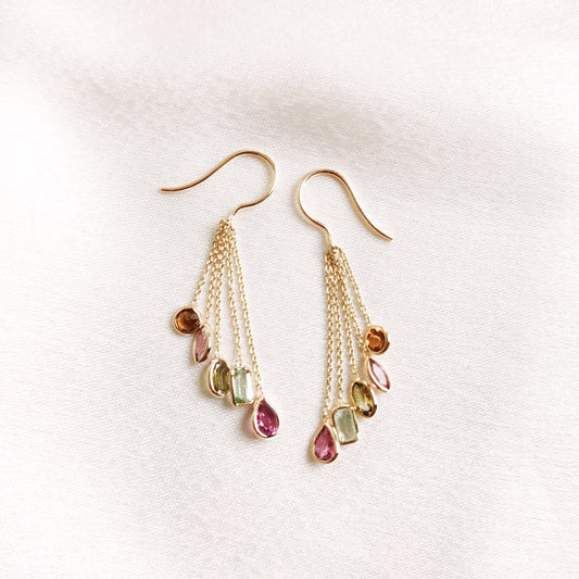 Natural Tourmaline Dangler Earrings, Solid Yellow Gold Tourmaline Earrings, October Birthstone, Dainty Tourmaline Earrings, Christmas Gift