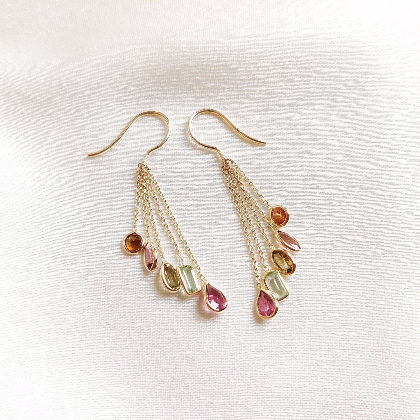 Natural Tourmaline Dangler Earrings, Solid Yellow Gold Tourmaline Earrings, October Birthstone, Dainty Tourmaline Earrings, Christmas Gift