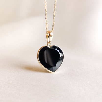 Natural Black Onyx Heart Pendant, 14K Solid Yellow Gold Pendant, Onyx Heart Pendant, Christmas Gift, December Birthstone, Gold Heart Pendant