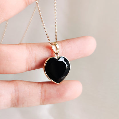 Natural Black Onyx Heart Pendant, 14K Solid Yellow Gold Pendant, Onyx Heart Pendant, Christmas Gift, December Birthstone, Gold Heart Pendant