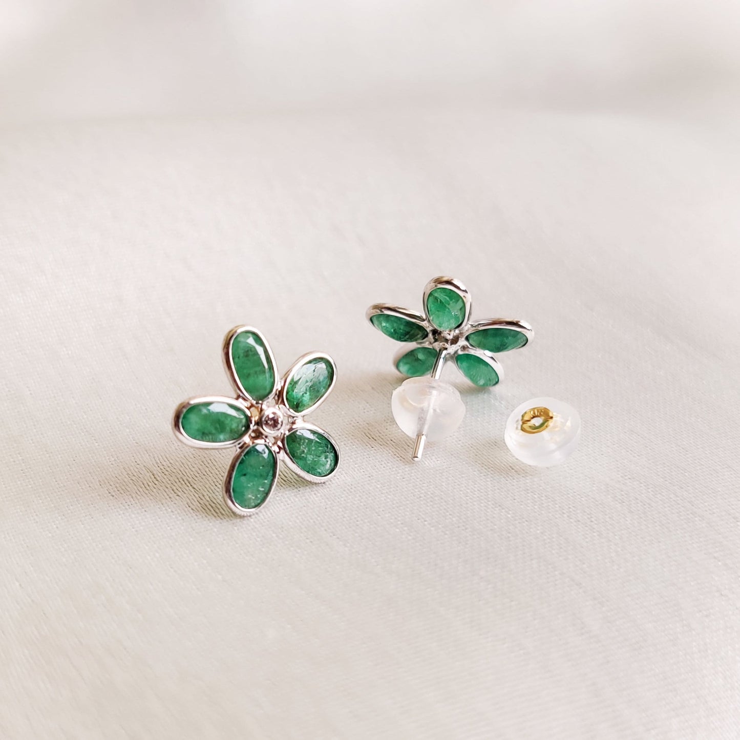 Natural Emerald & Diamond Studs Earring,  Solid White Gold Earrings, Dainty Emerald Flower Studs, May Birthstone Studs, Christmas Present