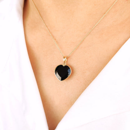 Natural Black Onyx Heart Pendant, 14K Solid Yellow Gold Pendant, Onyx Heart Pendant, Christmas Gift, December Birthstone, Gold Heart Pendant