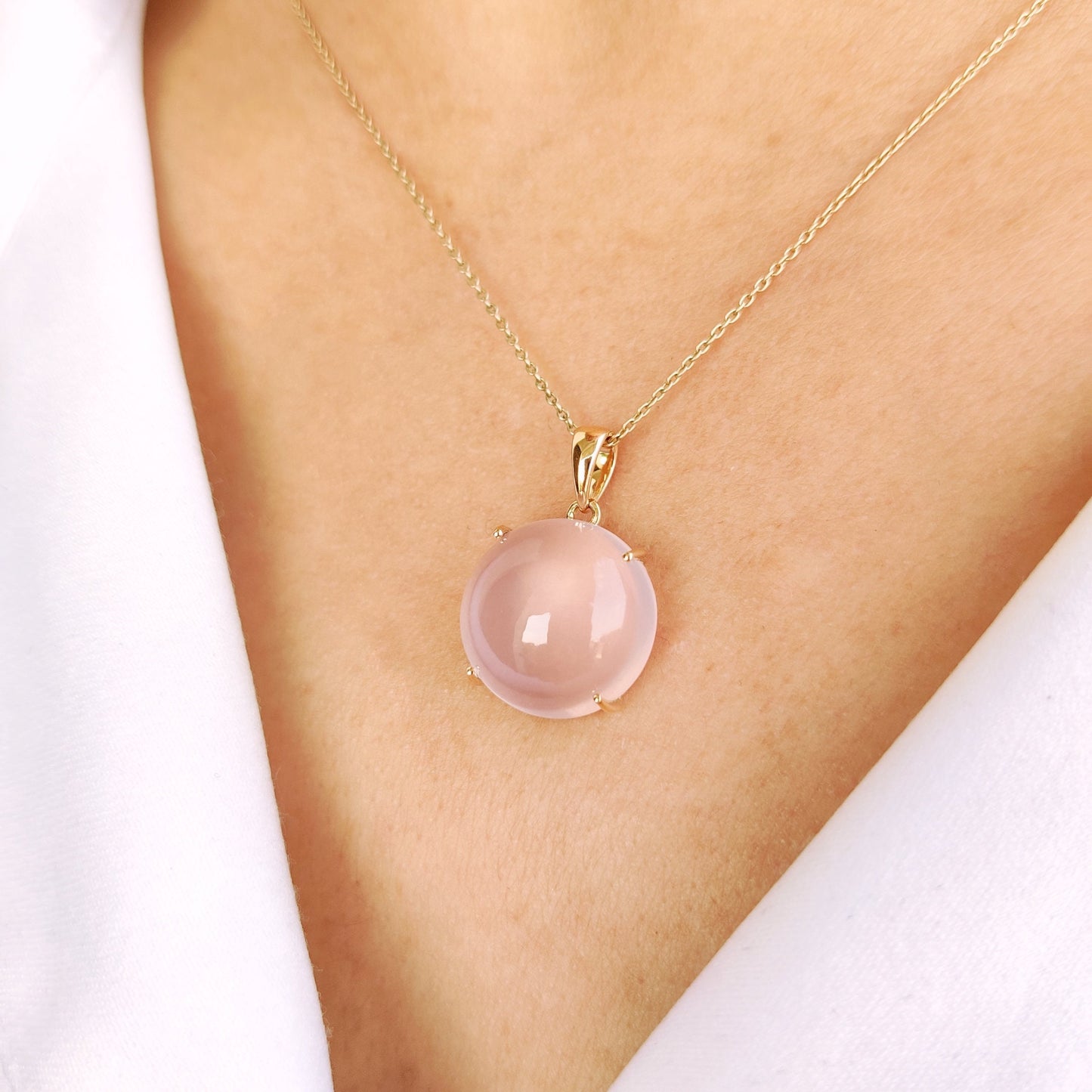 Natural Rose Quartz Pendant, 14K Solid Yellow Gold Rose Quartz Pendant, January Birthstone, Christmas Gift, Round Quartz Pendant