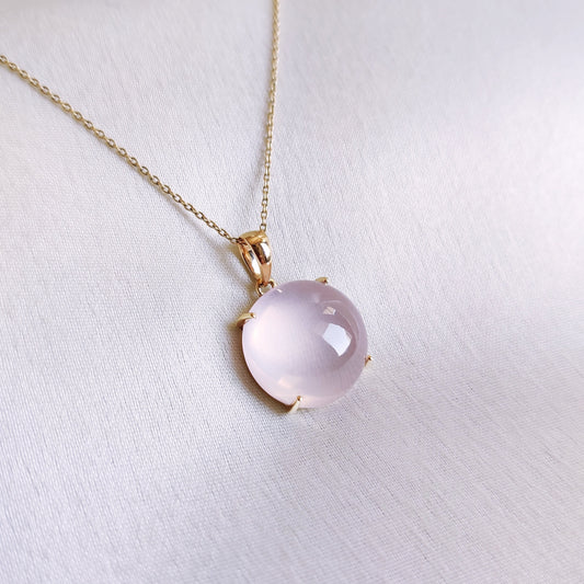 Natural Rose Quartz Pendant, 14K Solid Yellow Gold Rose Quartz Pendant, January Birthstone, Christmas Gift, Round Quartz Pendant