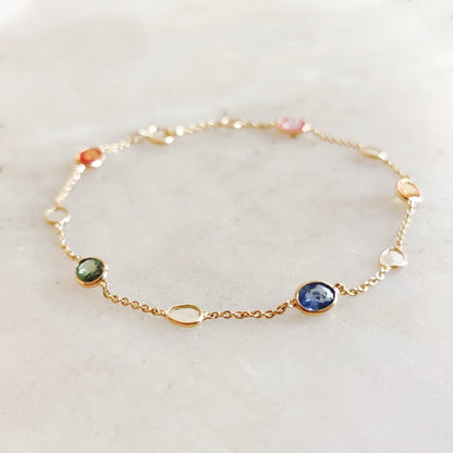 Natural Multi Sapphire Bracelet, 14K Solid Gold Diamond Bracelet, Diamond Polki Sapphire Bracelet, September Birthstone, Christmas Gift