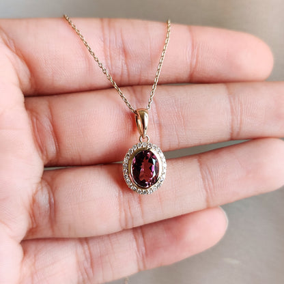 Natural Rubellite Pink Tourmaline & Diamond Pendant, 14K Solid Yellow Gold Pendant, October Birthstone, Dainty Pink Tourmaline Jewelry