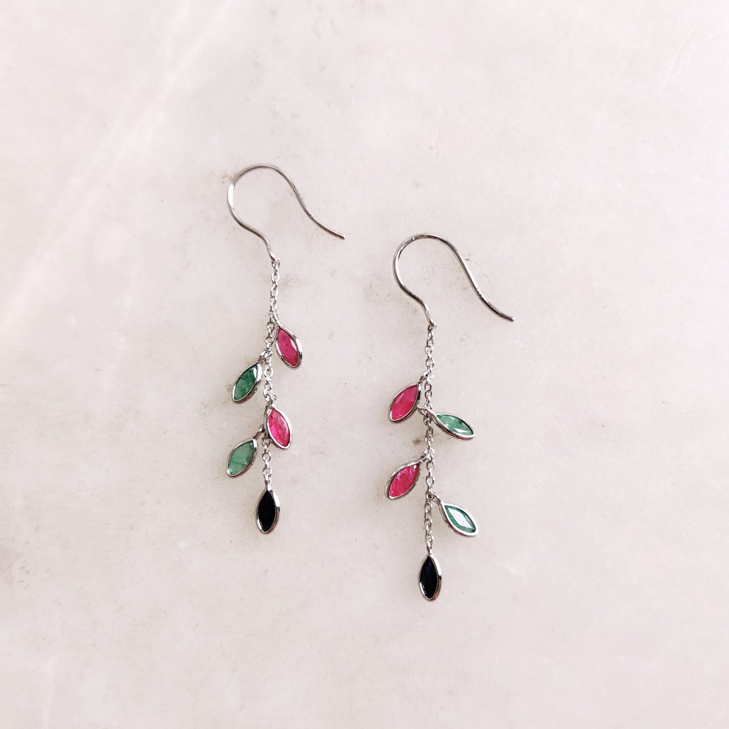 14K Gold Natural Ruby, Emerald & Sapphire Earrings, Solid White Gold Dangler, July May September Birthstone, Dainty Gemstone Earrings