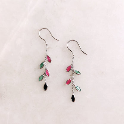 14K Gold Natural Ruby, Emerald & Sapphire Earrings, Solid White Gold Dangler, July May September Birthstone, Dainty Gemstone Earrings