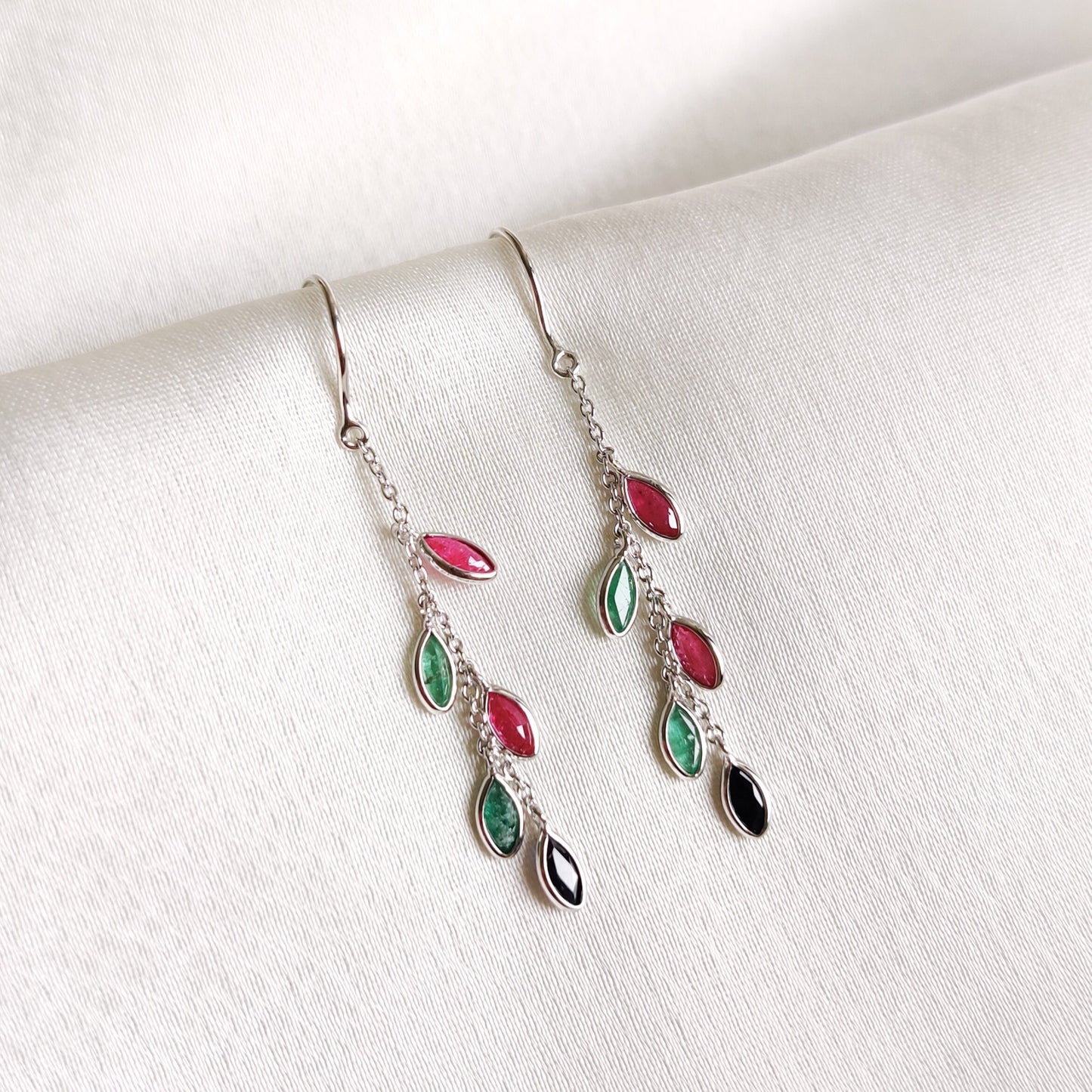 14K Gold Natural Ruby, Emerald & Sapphire Earrings, Solid White Gold Dangler, July May September Birthstone, Dainty Gemstone Earrings