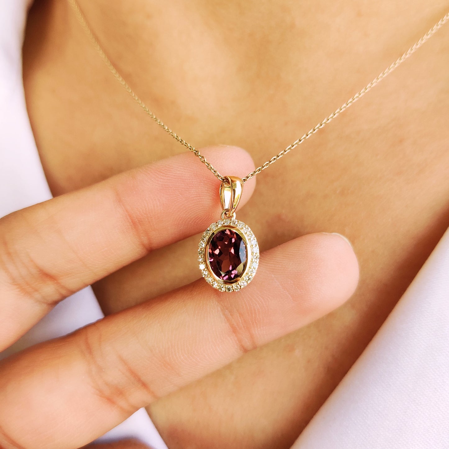 Natural Rubellite Pink Tourmaline & Diamond Pendant, 14K Solid Yellow Gold Pendant, October Birthstone, Dainty Pink Tourmaline Jewelry