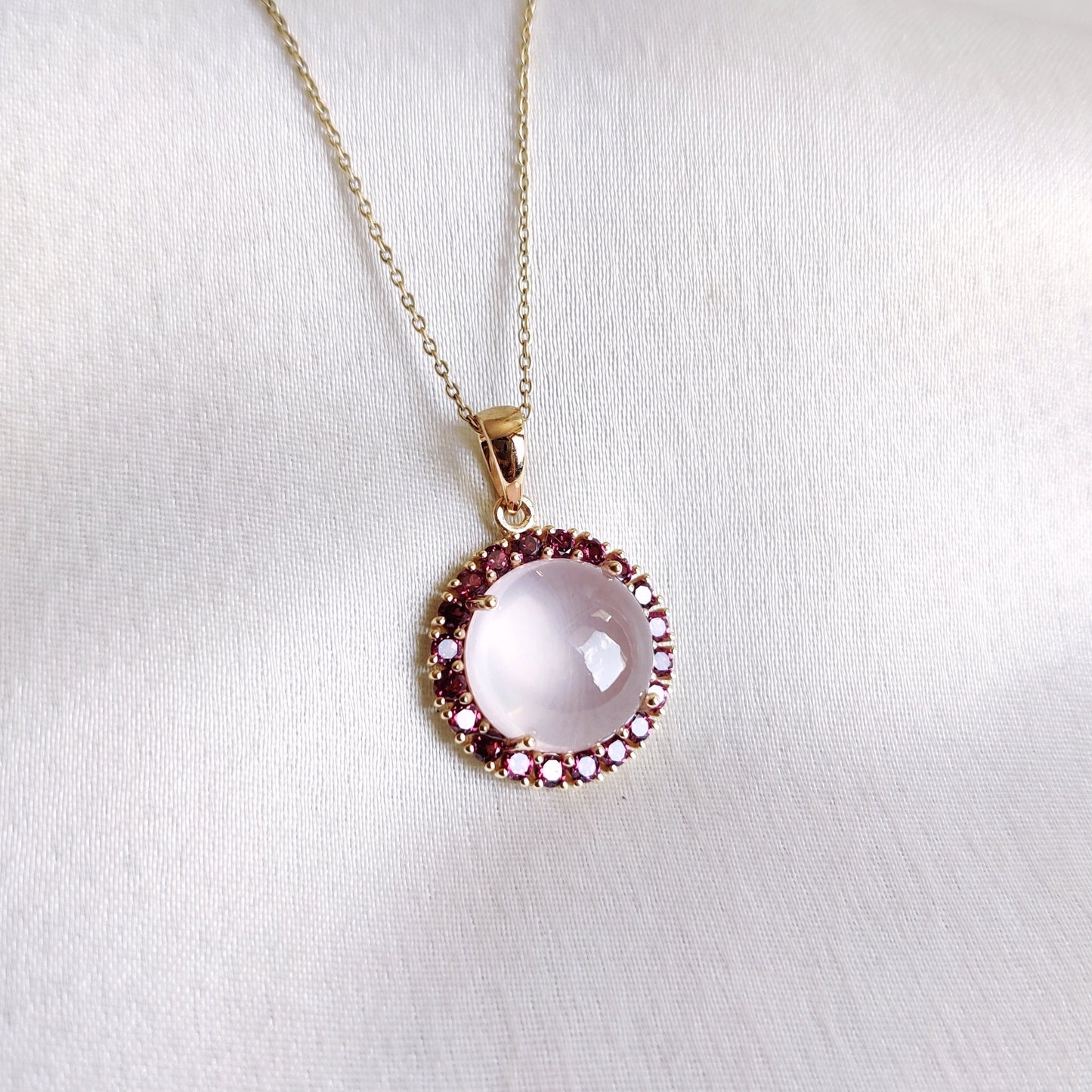 Natural Rose Quartz & Rhodolite Garnet Pendant, 14K Solid Yellow Gold Pendant, January Birthstone, Christmas Gift, Rose Quartz Jewelry