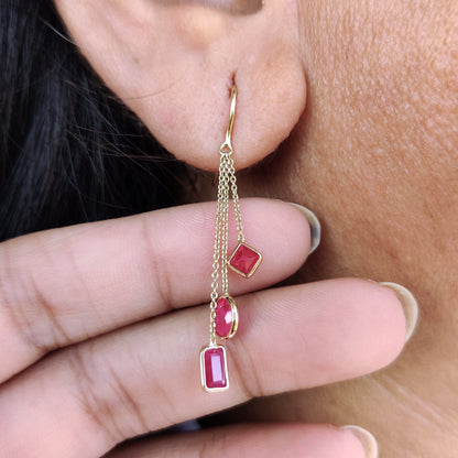 14K Gold Natural Ruby Earrings, Solid Yellow Gold Ruby Earrings, Dainty Ruby Bezel Danglers, July Birthstone, Christmas Gift, Ruby Jewelry