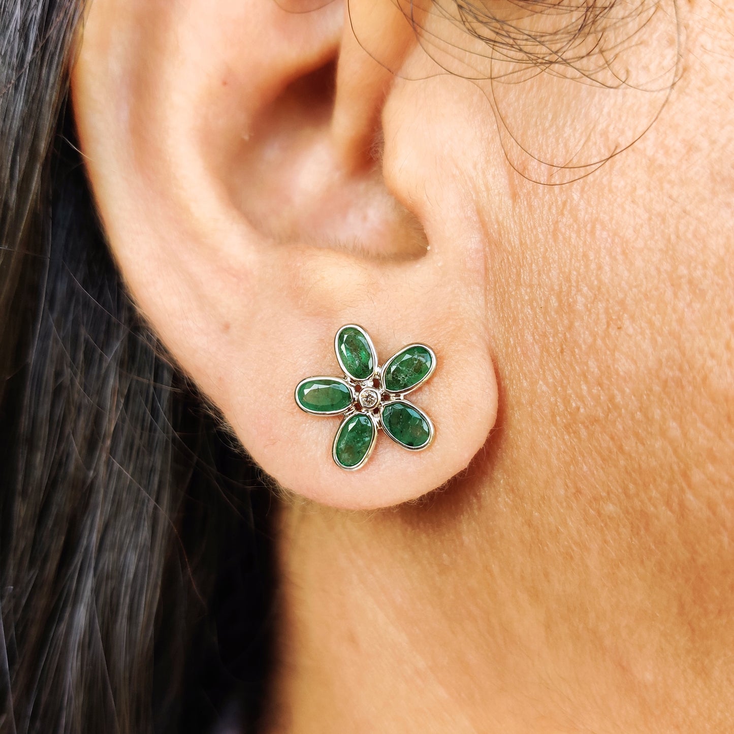 Natural Emerald & Diamond Studs Earring,  Solid White Gold Earrings, Dainty Emerald Flower Studs, May Birthstone Studs, Christmas Present