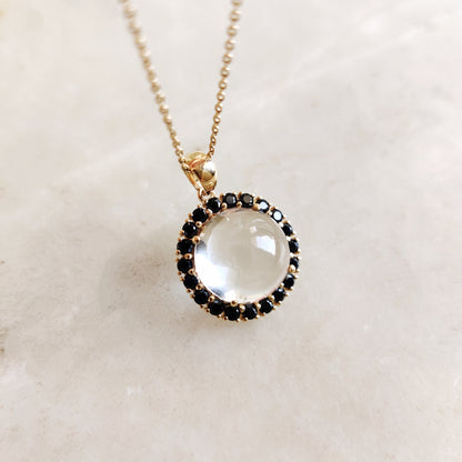 Natural Clear Quartz & Black Onyx Pendant, 14K Solid Yellow Gold Pendant, April and July Birthstone, Christmas Gift, Clear Quartz Jewelry