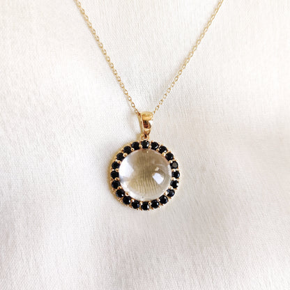 Natural Clear Quartz & Black Onyx Pendant, 14K Solid Yellow Gold Pendant, April and July Birthstone, Christmas Gift, Clear Quartz Jewelry