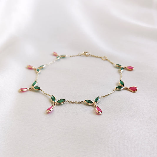 Natural Ruby & Emerald Bracelet, 14K Solid Yellow Gold Bracelet, Dainty Ruby Bracelet, May and July Birthstone Bracelet, Christmas Present