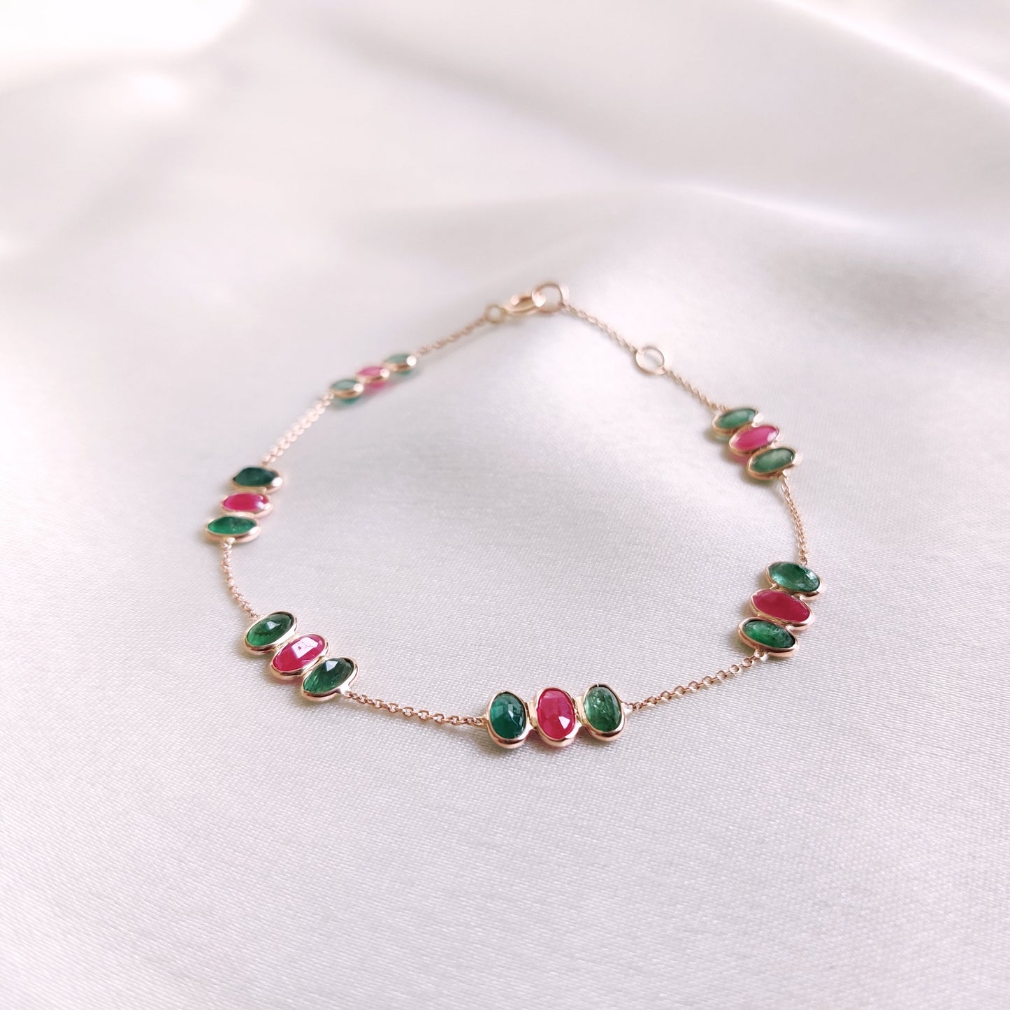 Natural Ruby & Emerald Bracelet, 14K Solid Yellow Gold Bracelet, Dainty Ruby Bracelet, May and July Birthstone Bracelet, Christmas Present