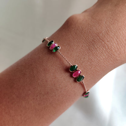 Natural Ruby & Emerald Bracelet, 14K Solid Yellow Gold Bracelet, Dainty Ruby Bracelet, May and July Birthstone Bracelet, Christmas Present