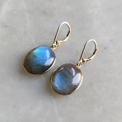 Natural Labradorite Earrings, 14K Solid Yellow Gold Labradorite Earrings, August Birthstone, Blue Labradorite Drop Earrings, Christmas Gift