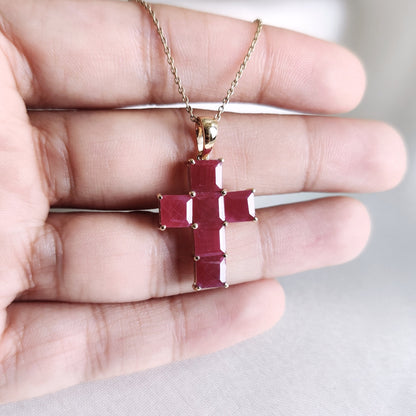 Natural Ruby Cross Pendant, Holy Cross Pendant, 14K Solid Yellow Gold Ruby Pendant, July Birthstone Pendant, Christmas Present