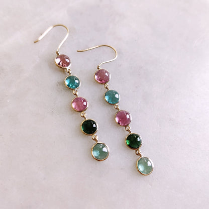 Natural Multi Tourmaline Earrings, 14K Solid Yellow Gold Earrings, Tourmaline Bezel Earrings, Multi Tourmaline Jewelry, October Birthstone