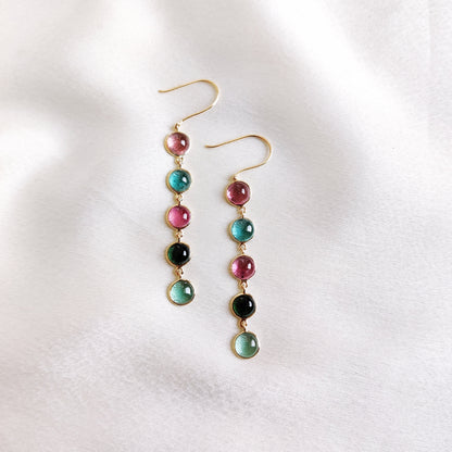 Natural Multi Tourmaline Earrings, 14K Solid Yellow Gold Earrings, Tourmaline Bezel Earrings, Multi Tourmaline Jewelry, October Birthstone