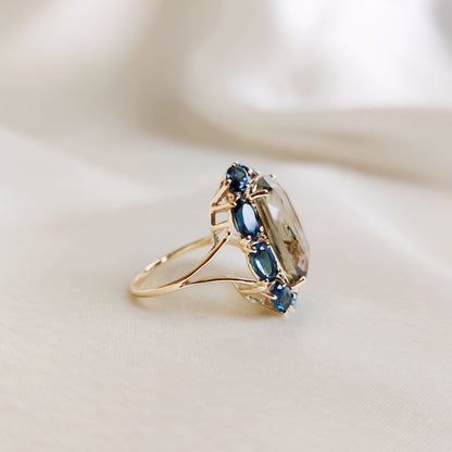 Natural Green Amethyst and London Blue Topaz Ring, 14K Solid Yellow Gold Ring, February and November Birthstone, Christmas Present